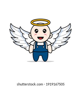 Cute mechanic character wearing angel costume. Mascot design concept