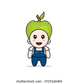 Cute mechanic character wearing apple costume. Mascot design concept