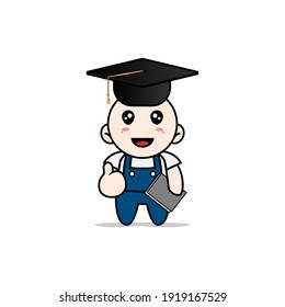Cute mechanic character wearing bachelor costume. Mascot design concept