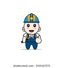 Cute mechanic character wearing builder costume. Mascot design concept