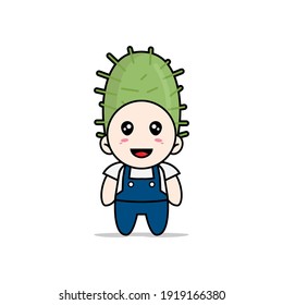 Cute mechanic character wearing cactus costume. Mascot design concept