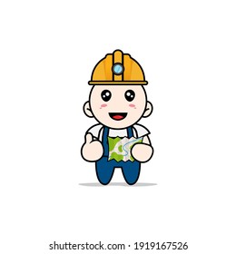 Cute mechanic character wearing construction worker costumes. Mascot design concept