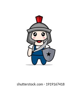 Cute mechanic character wearing gladiator costume. Mascot design concept