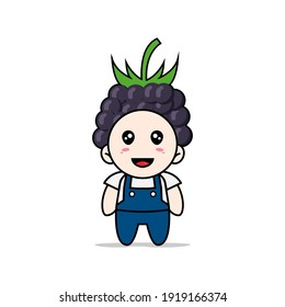 Carácter mecánico lindo usando disfraz de uva. Concepto de diseño de mascota