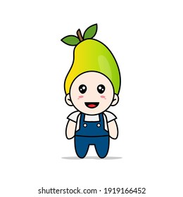 Cute mechanic character wearing mango costume. Mascot design concept