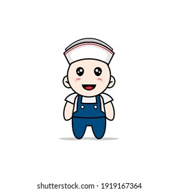 Cute mechanic character wearing nanny costume. Mascot design concept