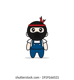 Cute mechanic character wearing ninja costume. Mascot design concept