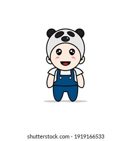 Cute mechanic character wearing panda costume. Mascot design concept