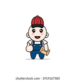 Cute mechanic character wearing postman costume. Mascot design concept