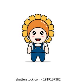 Cute mechanic character wearing sunflower costume. Mascot design concept
