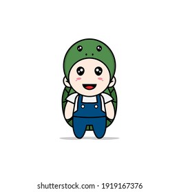 Cute mechanic character wearing turtle costume. Mascot design concept