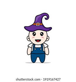 Cute mechanic character wearing witch hat. Mascot design concept