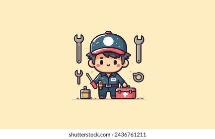 cute mechanic character,mechanic cartoon,Professional automotive mechanic,Simple style vector illustration.
