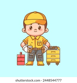 Cute mechanic confident with tool at workshop kawaii chibi character mascot illustration outline style design set
