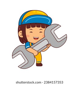 cute mechanic girl cartoon character vector illustration