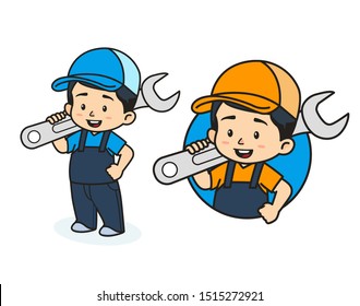 Cute mechanic mascot character, vector logo illustration 