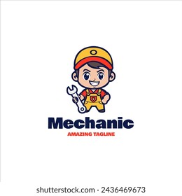 Cute mechanic mascot character, vector logo illustration