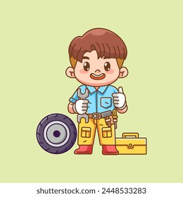 Cute mechanic thumbs with tool at workshop kawaii chibi character mascot illustration outline style design set