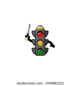 Cute Mechanic Traffic Light Cartoon Character Vector Illustration Design. Outline, Cute, Funny Style. Recomended For Children Book, Cover Book, And Other.