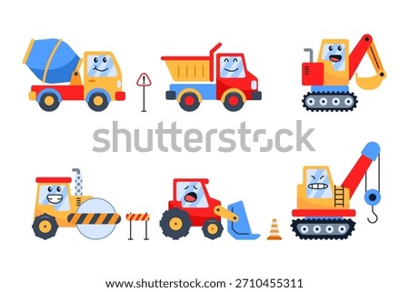 Cute mechanical construction cartoon character set. 