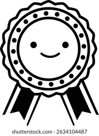 Cute medal icon with face, monochrome line drawing (vector material)