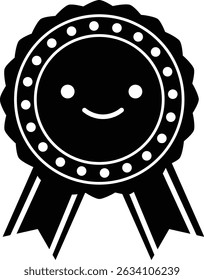 Cute medal icon with face, monochrome (vector material)