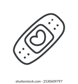 Cute medical aid patch icon. Hand drawn monochrome illustration of a medical plaster decorated with a little heart isolated on a white background. Kawaii St. Valentine day concept. Vector 10 EPS.