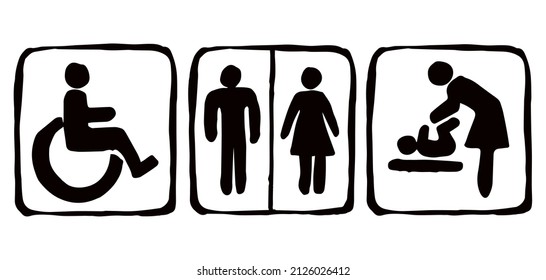 Cute medical airport loo website closet set on white enter door. Outline black hand drawn simple flat web ui gent baby parent family partner logo label button design. Modern art contour cartoon style