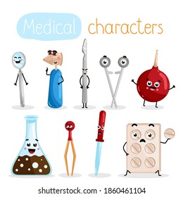 Cute medical cartoon characters set. Isolated dentist mirror, scalpel, flask, pill, dropper icons. Health care and medicine mascots vector illustration