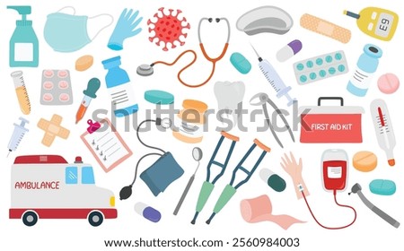 Cute medical equipment design elements set isolated on white background.