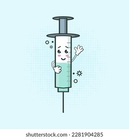 Cute Medical Injection Character Vector Illustration, A cute and friendly medical injection character designed for various medical-related purposes such as vaccination, medication, and healthcare