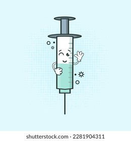 Ilustración del vector de inyección médica, un carácter de inyección médica agradable y amigable diseñado para diversos fines relacionados con la medicina, como vacunación, medicación y atención médica