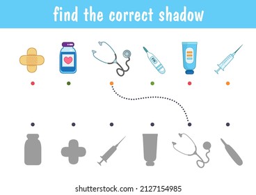 Cute medical items, thermometer, syringe, stethoscope. Find the correct shadow. Educational game for children. Cartoon vector illustration