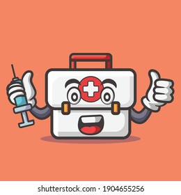 Cute Medical Kit Bag Hold Syringe Mascot Character Vector Icon Illustration. Flat Cartoon Style.