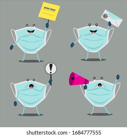 Cute medical mask set holding some objects such as envelopes, exclamation marks, sticky memos and megaphones. Vector eps 10.
