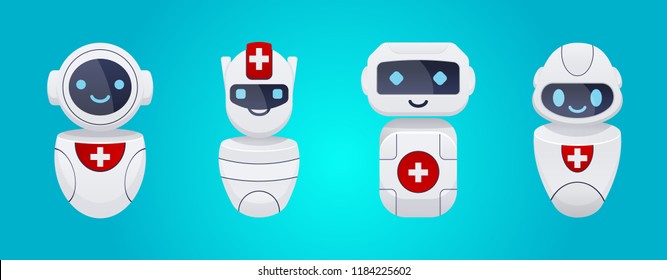 Cute medical robots characters set. chatbots concept. Future modern ambulance.  Online Doctor  consultation. vector illustration. isolated objects. 