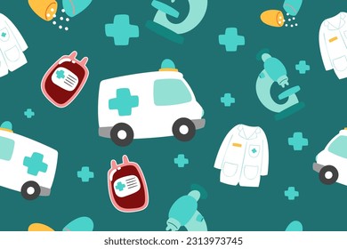 Cute Medical Seamless Pattern Perfect Kids Apparel Trendy Cartoon Textile for Healthcare nursery Hospital Clinic Wrapping Collage Drug Pharmacy Emergency Doctor Print Vector Illustrations
