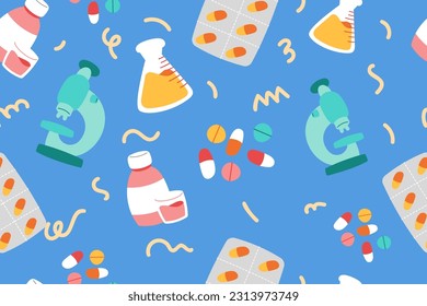 Cute Medical Seamless Pattern Perfect Kids Apparel Trendy Cartoon Textile for Healthcare nursery Hospital Clinic Wrapping Collage Drug Pharmacy Emergency Doctor Print Vector Illustrations