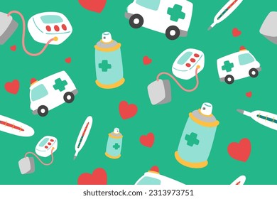 Cute Medical Seamless Pattern Perfect Kids Apparel Trendy Cartoon Textile for Healthcare nursery Hospital Clinic Wrapping Collage Drug Pharmacy Emergency Doctor Print Vector Illustrations