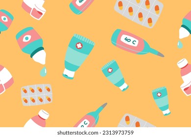 Cute Medical Seamless Pattern Perfect Kids Apparel Trendy Cartoon Textil für Krankenpfleger Klinik Wrapping Collage Drug Pharmacy Notfall Arzt Print Vektor Illustrationen