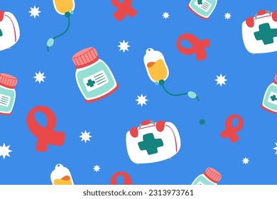 Cute Medical Seamless Pattern Perfect Kids Apparel Trendy Cartoon Textile for Healthcare nursery Hospital Clinic Wrapping Collage Drug Pharmacy Emergency Doctor Print Vector Illustrations