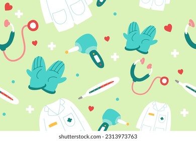 Cute Medical Seamless Pattern Perfect Kids Apparel Trendy Cartoon Textile for Healthcare nursery Hospital Clinic Wrapping Collage Drug Pharmacy Emergency Doctor Print Vector Illustrations
