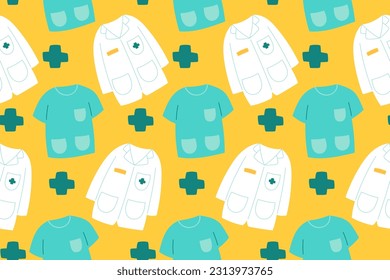 Cute Medical Seamless Pattern Perfect Kids Apparel Trendy Cartoon Textil für Krankenpfleger Klinik Wrapping Collage Drug Pharmacy Notfall Arzt Print Vektor Illustrationen