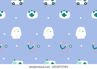 Cute Medical Seamless Pattern Perfect Kids Apparel Trendy Cartoon Textile for Healthcare nursery Hospital Clinic Wrapping Collage Drug Pharmacy Emergency Doctor Print Vector Illustrations