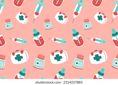 Cute Medical Seamless Pattern Perfect Kids Apparel Trendy Cartoon Textil für Krankenpfleger Klinik Wrapping Collage Drug Pharmacy Notfall Arzt Print Vektor Illustrationen