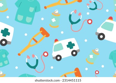 Cute Medical Seamless Pattern Perfect Kids Apparel Trendy Cartoon Textile for Healthcare nursery Hospital Clinic Wrapping Collage Drug Pharmacy Emergency Doctor Print Vector Illustrations