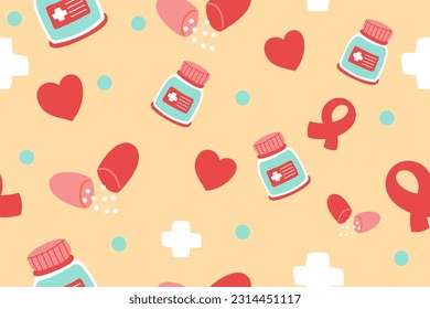 Cute Medical Seamless Pattern Perfect Kids Apparel Trendy Cartoon Textile for Healthcare nursery Hospital Clinic Wrapping Collage Drug Pharmacy Emergency Doctor Print Vector Illustrations