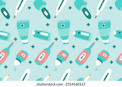 Cute Medical Seamless Pattern Perfect Kids Apparel Trendy Cartoon Textile for Healthcare nursery Hospital Clinic Wrapping Collage Drug Pharmacy Emergency Doctor Print Vector Illustrations