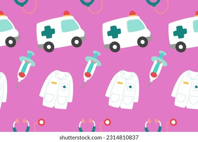 Cute Medical Seamless Pattern Perfect Kids Apparel Trendy Cartoon Textile for Healthcare nursery Hospital Clinic Wrapping Collage Drug Pharmacy Emergency Doctor Print Vector Illustrations