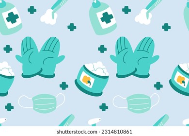 Cute Medical Seamless Pattern Perfect Kids Apparel Trendy Cartoon Textile for Healthcare nursery Hospital Clinic Wrapping Collage Drug Pharmacy Emergency Doctor Print Vector Illustrations